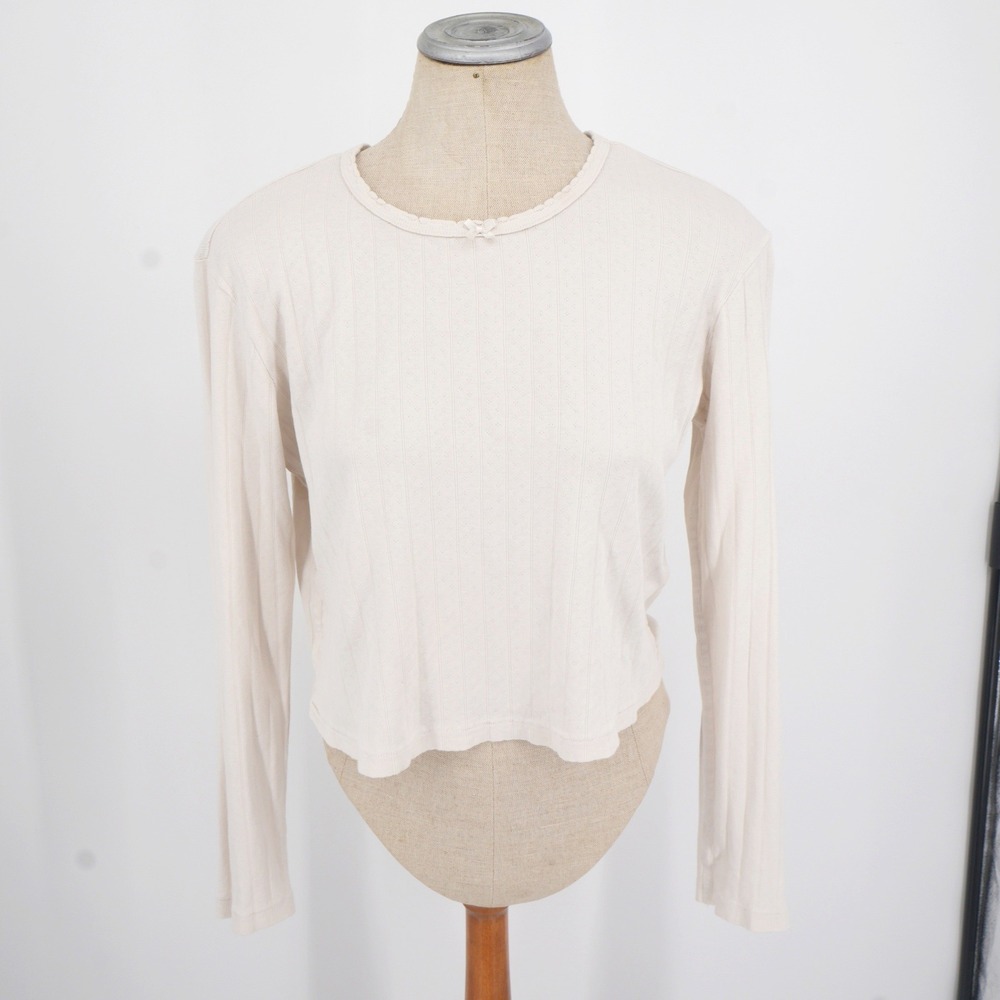 AMO Pointelle Long Sleeve Top Women M Cream Organic Cotton Cropped Bow Coquette